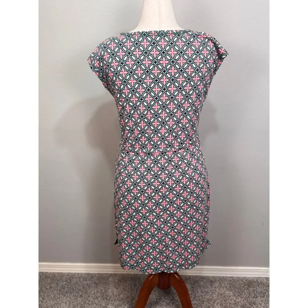 Talbots dress knit green white pink pattern cap sleeve scoop neck self tie Sz M - Picture 5 of 10